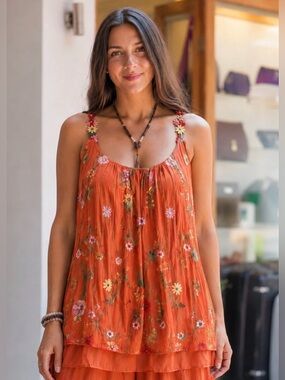 Catwalk Studio Orange Silk Blend Embroidered Floral Tank Top Est. Size S/M